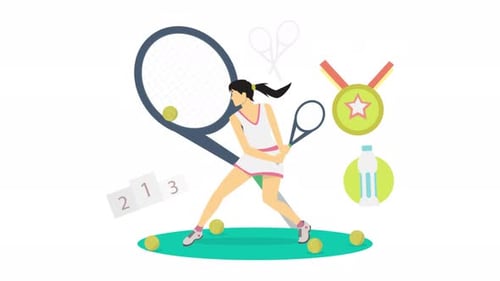 Animated Flat Design Tennis Player with Sport Equipment