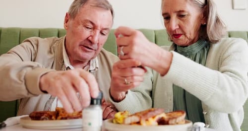 Happy, breakfast and senior couple at coffee shop for bonding, conversation and relax together