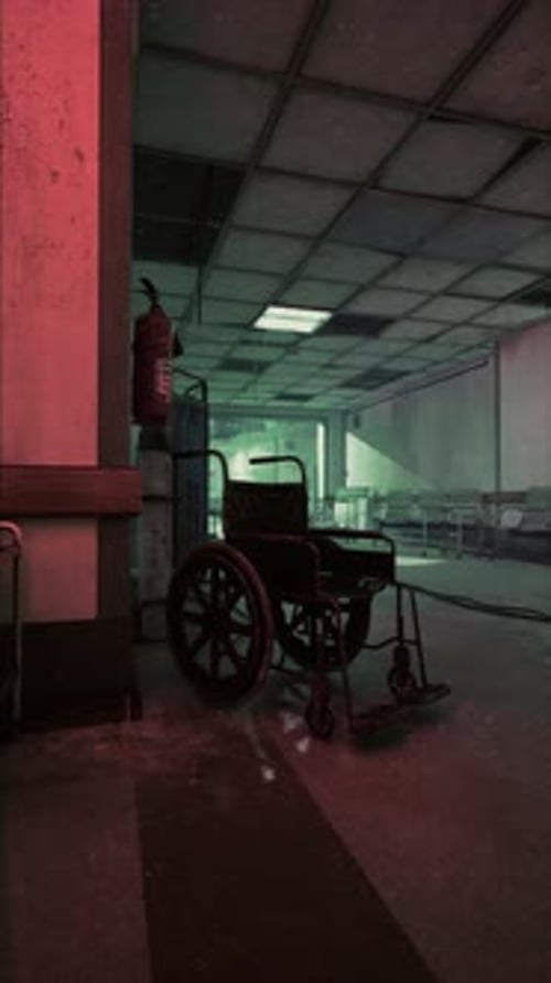 Old Hospital Wheelchairs Rest Silently in Forgotten Hallways at Dusk