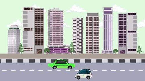 Flat Design City Street Scene with Moving Cars