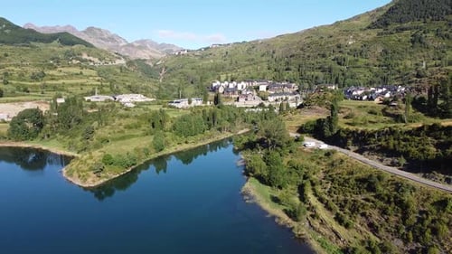 Sallent de Gallego at Tena Valley, Huesca, Aragon, Spanish Pyrenees, Spain - Aerial Drone View of th