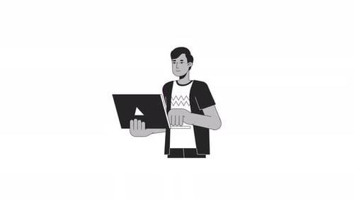 Indian young man holding laptop bw outline 2D character animation