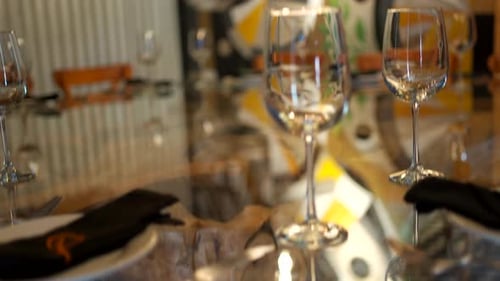 Vintage restaurant wood and glass table crane shoot