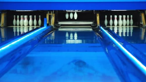 Colorful Bowling Alley. New Round in Bowling Game. 3 Pins Waiting For