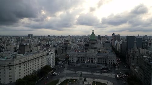 Aerial Establishing Shot of Buenos Aires Congress Palace, Argentine Architecture Skyline, Street Tra