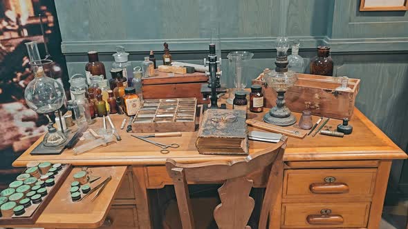 Vintage Science Lab with Antique Equipment and Book, Education Stock ...