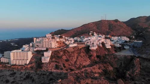 The white village Mojácar during sunset. Aerial shot.