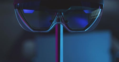 Virtual glasses with bright green chroma lenses turned on, intended for visual effects compositing