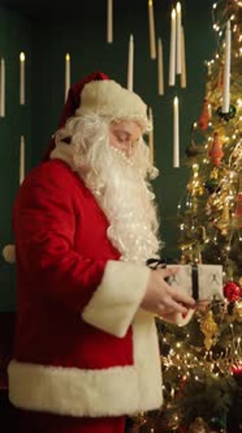 Man in Santa Suit Celebrating Near Decorated Christmas Tree Vertical Video