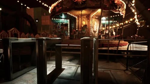 An Empty Amusement Park at Night with Bright Lights and a Carousel