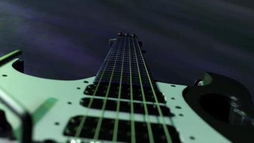 Extreme Close Up of an Electric Guitar Neck and Strings with Flashing Colorful Lights Representing