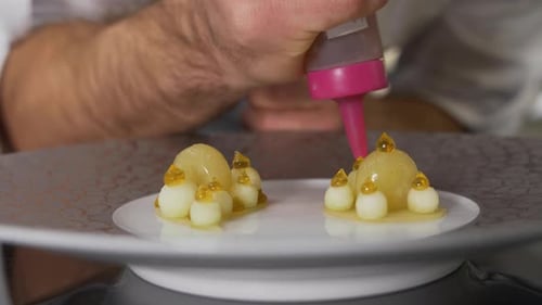 French chef plating a luxurious fine-dining dish slow motion close up shot.