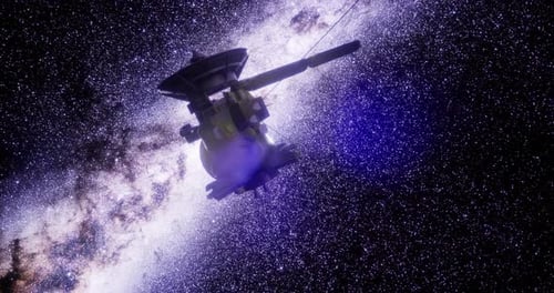 3D Satellite Flying Through Deep Space Galaxy