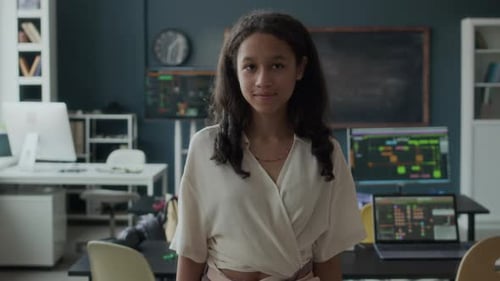 Portrait of Biracial Student Girl in Programming Class