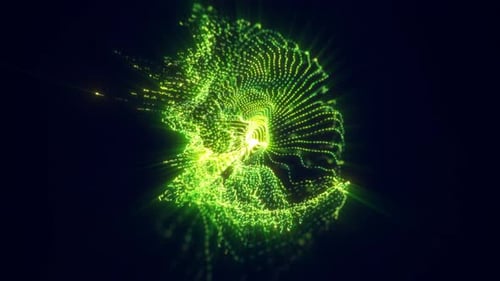 Abstract green light patterns forming a glowing silhouette, representing technology, data flow