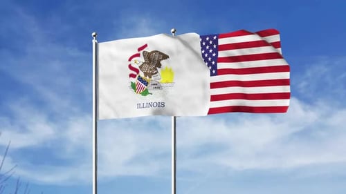 Illinois and USA Flags Waving Together Against Blue Sky