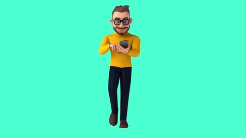 Fun 3D cartoon casual character with a phone (with alpha channel)