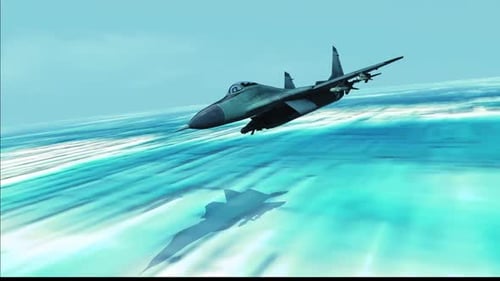 Futuristic Fighter Jet Animation Over Stylized Water