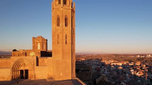 Panoramic aerial drone view of old medieval 13th century Cathedral of St Mary Cloister and tower
