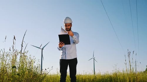 Against blue sky, holding notepad. Service engineer is on the field with windmills