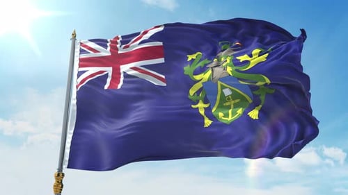Realistic Pitcairn Islands Flag Waving in Blue Sky