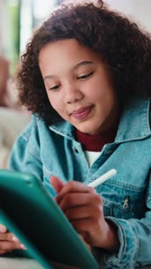 Child, smile and elearning with tablet in home, growth and skill development with assignment on web