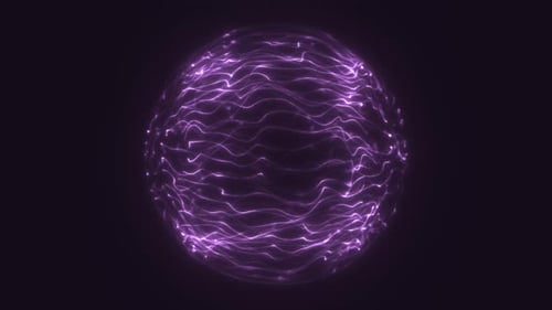 Esfera de energia roxa brilhante formada por trilhas dinâmicas de luz ondulada, flutuando contra um fundo escuro