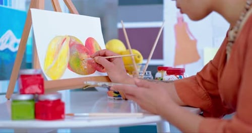 Art, hands and closeup of painting on canvas, talent and inspiration in studio