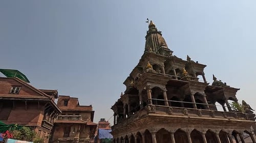 View over the Krishna Mandir temples of Patan Darbar Square. Lalitpur in Kathmandu Valley, Nepal.