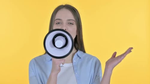 Woman Announces Information Through Megaphone on Yellow Background