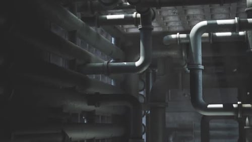 Industrial Pipes Network Flythrough with Light Rays Background