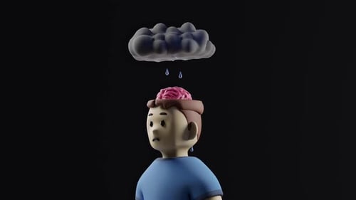3D Animation of Sad Person with Brain and Rain Cloud