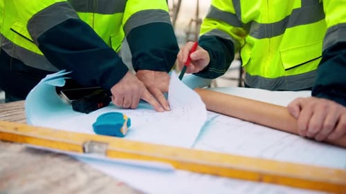 Menschen, Hände oder Architekt mit Bauplan für Bauplanung, Entwurf oder Gebäudeentwicklung