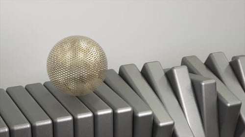 Sophisticated 3D Animation of a Golden Disco Ball Over Monochrome Gear Teeth Subtly Elegant