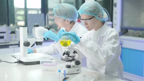 Scientists Working in Laboratory Researching Yellow Liquid Samples