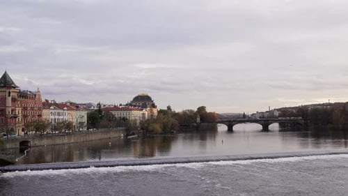 Legion Bridge and National Theatre in Prague, Czech Republic, stable Vltava view from Charles Bridge