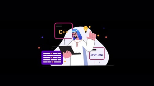 Animated Programmer Working with Coding Languages and Ideas