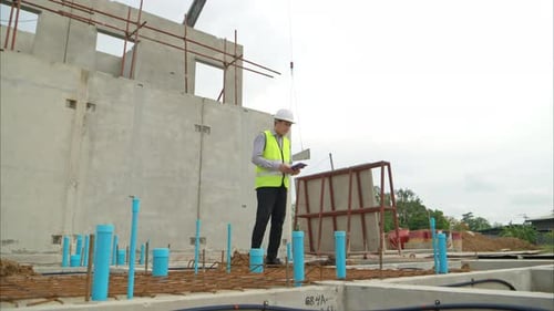 Ingenieure überwachen die Bauarbeiten und prüfen die Fundamentarbeiten von Wohngebäuden.