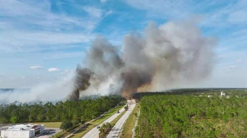 Fire Department Firetrucks Extinguishing Wildfire Burning Severely in Florida Jungle Woods Emergency