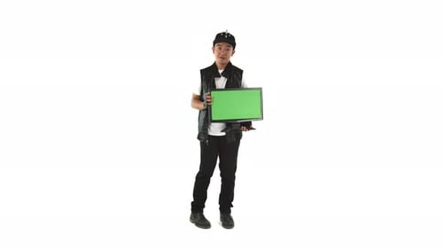 Young Adult Holds Up Green Screen Monitor