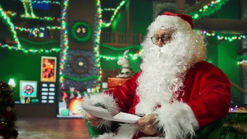 Santa Claus Reading Letter Sitting in Festive Room