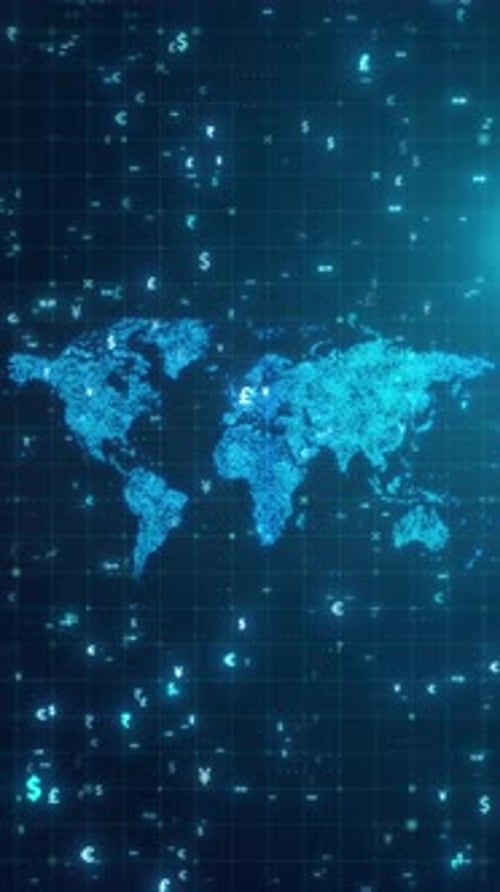 Animated Global Currency Symbols Over Futuristic Digital World Map – Dark Blue Finance Background