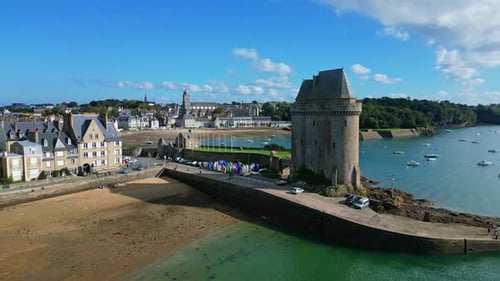 The famous Solidor Tower, Saint Malo. Brittany in France. Aerial drone ascending tilt down