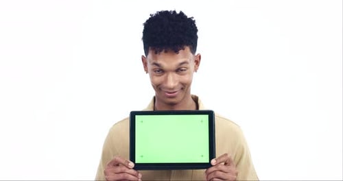 Face, man or tablet space with green mockup of promotion, sign up information