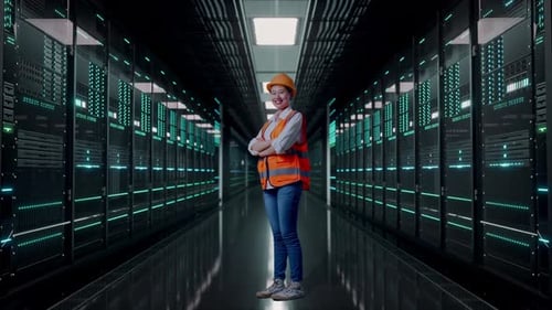 Full Body Side View Of Asian Female Engineer Crossing Her Arms in Data Center
