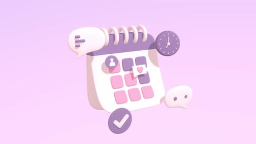 Анимированный календарь с речевым пузырем, часами и галочкой.