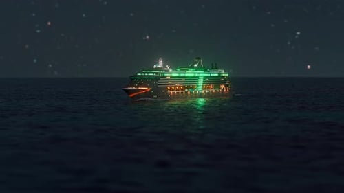Cruise Ship Floats At Night