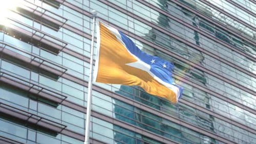 Stylized Corporate Flag Waving in Front of Modern Building