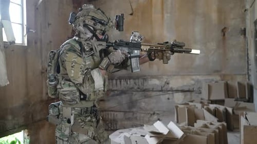 Soldier in civil war, ruin building.