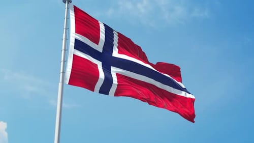 Realistic Norway Flag Waving on a Pole in Blue Sky
